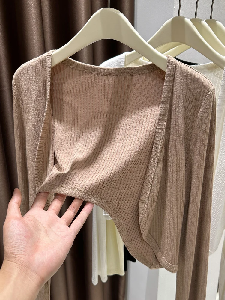 

Женский летний вязаный кардиган-накидка с V-образным вырезом, повседневная модная верхняя одежда из полиэстеровой смеси, укороченная, свободного кроя