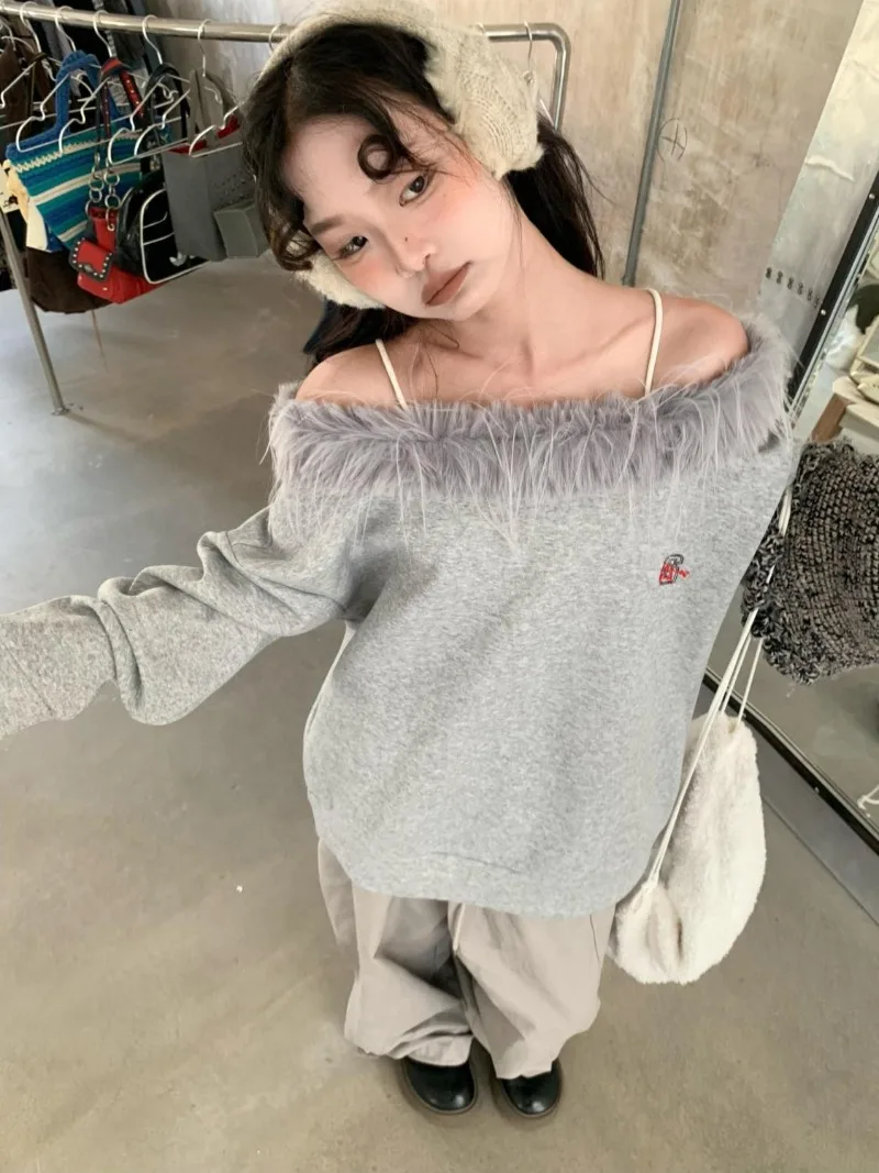 

Korean Sweet Loose Sweatshirts with Fur Collar Gray High-end Slanted Shoulder Design Pullover Top Fashion Spring Female Clothes