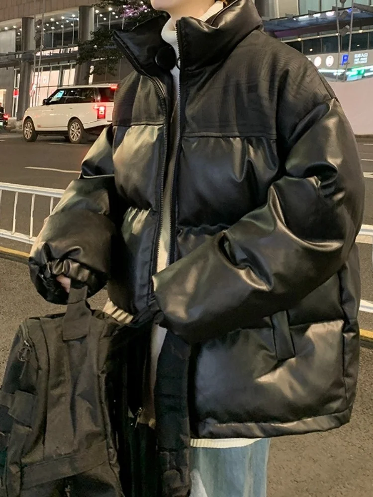 

Men's Winter Puffer Jacket PU Leather Biker Style Thickened Cotton Coat Stand Collar Warm Bread Style Casual Loose Fit