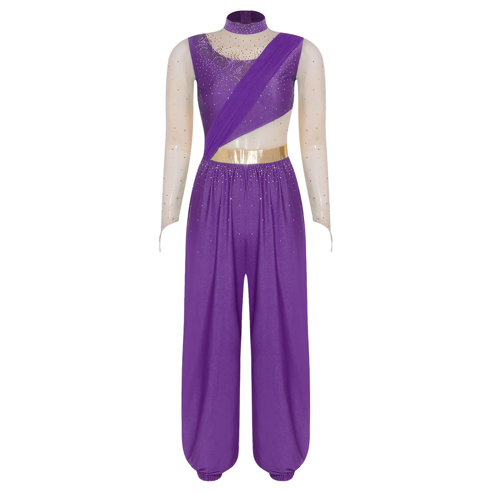 Bauchtanz-Outfit für Damen mit Strasssteinen, Märchenprinzessin-Kostüm, Transparenter Mesh-Jumpsuit mit Langen Ärmeln und Metallischer Taillenlinie – Detail 10