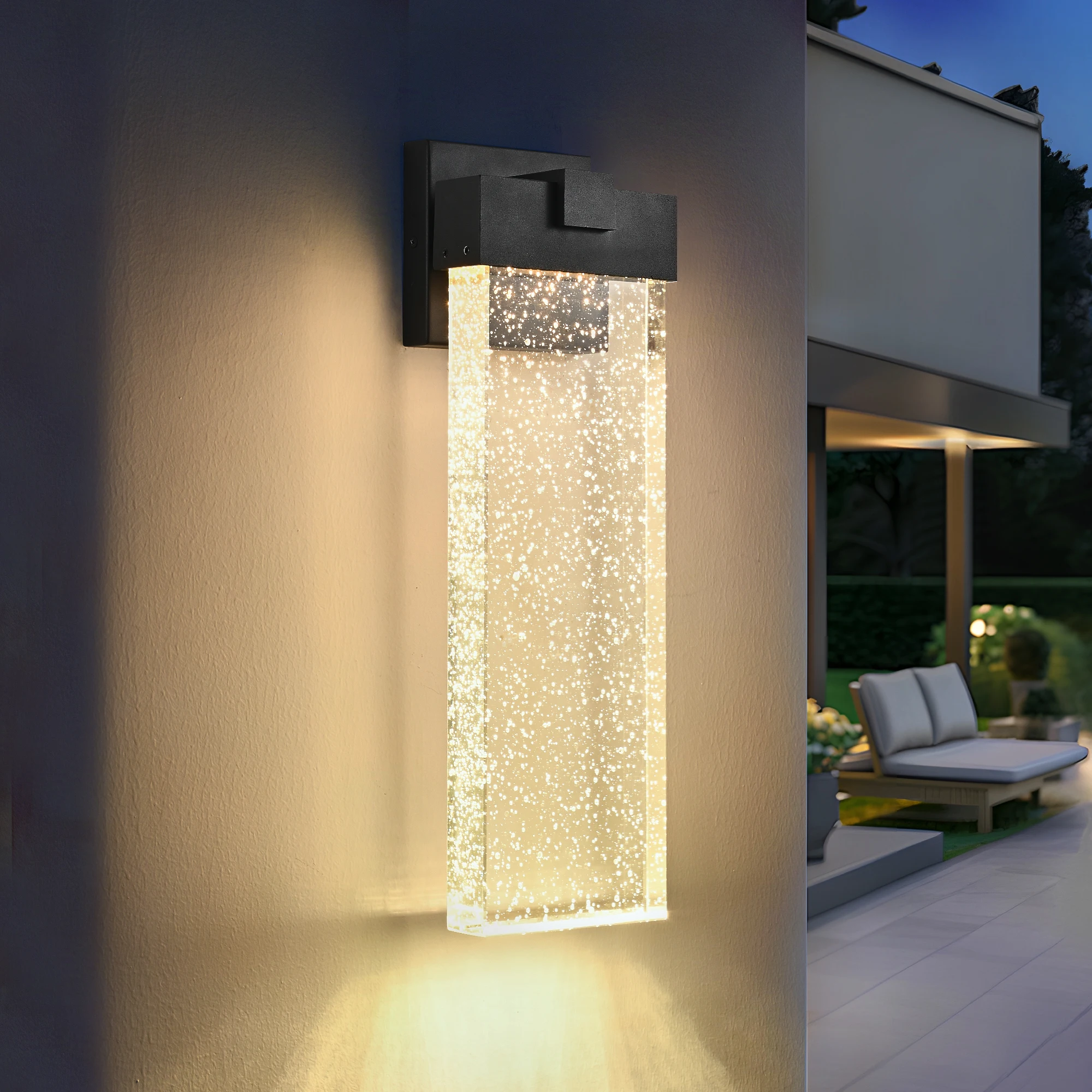 Modern Outdoor Wall Light Fixture, Weatherproof LED Wall Sconce with Bubble Crystal, Black Finish, Up and Down Lighting