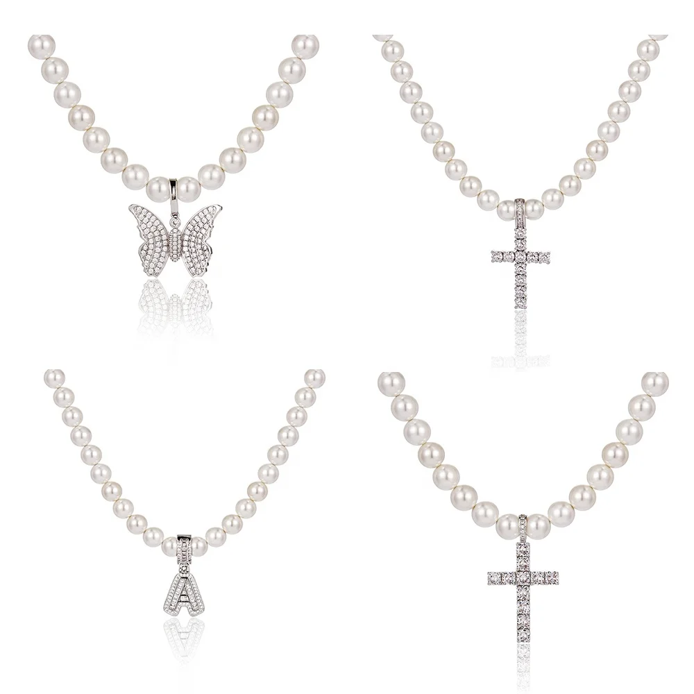 NUOYA Jewelry Wholesale Pearl Necklace with CZ Stone Cross Pendant Women Pearl Choker