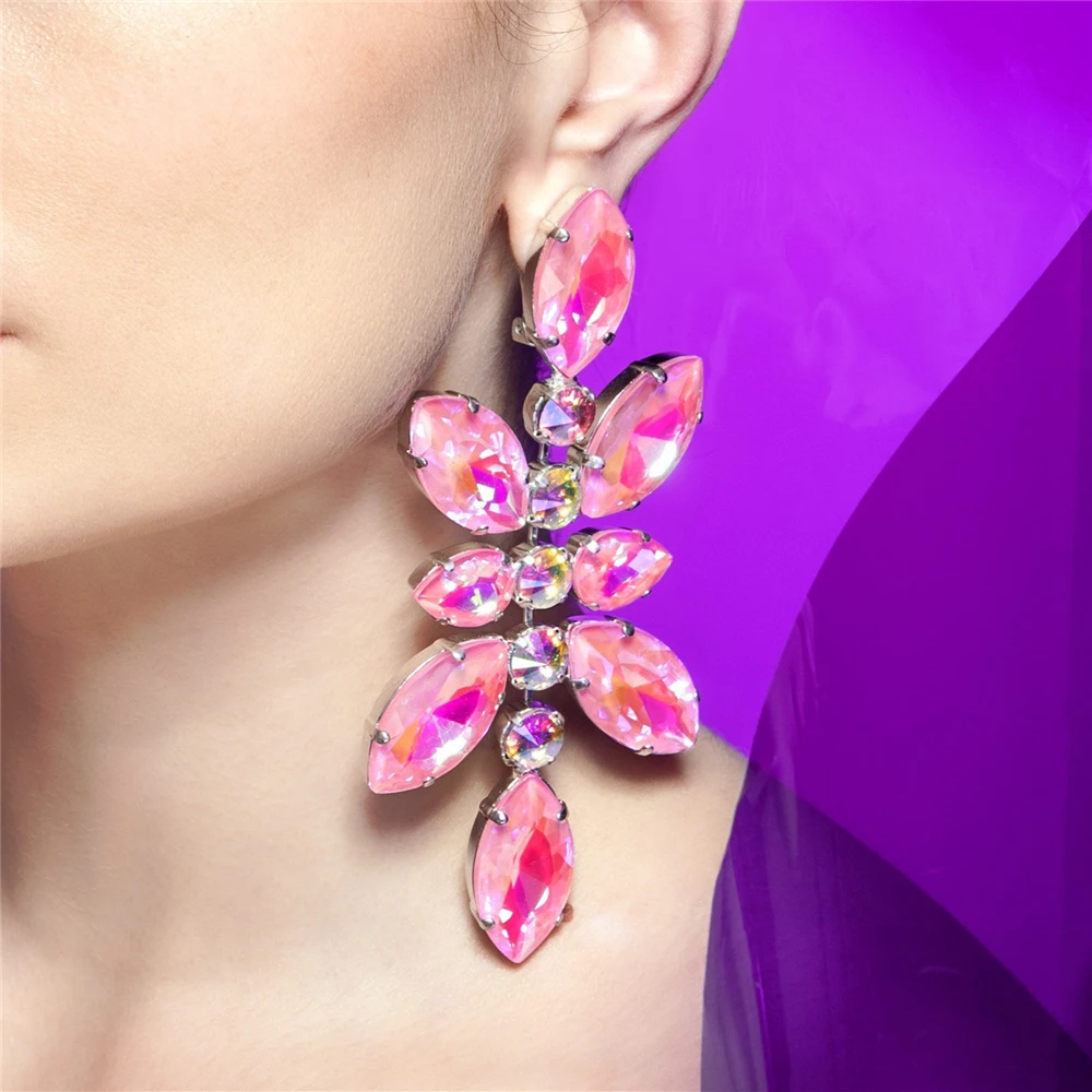 Fashion Pink Crystal Pendant Earrings Ladies Party Ball Ultra Flash Big Gem Earrings EXquisite Luxurious Jewelry Gift Wholesale