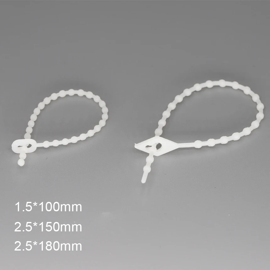 

100pcs 1.5*100mm 2.5*150/180mm White Nylon Plastic Reusable Releasable Wire Fastener Loop Beaded Knot Ball Zip Ties Cable Tie