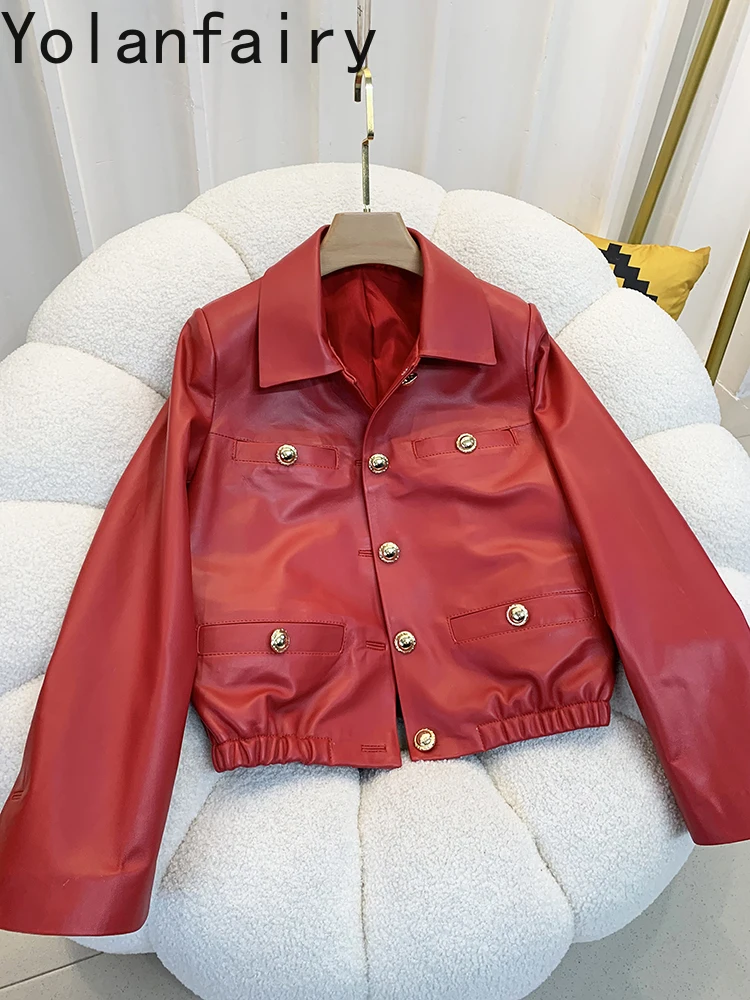 Veste courte en cuir véritable pour femme, manteau en peau de mouton véritable, col carré, 11 couleurs, mode printemps et automne 2024