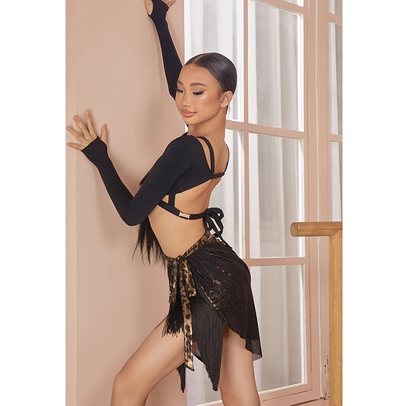 2025 Ragazze Costume di Ballo Latino Maniche Lunghe Magliette Corte Gonna Leopardo Cha Cha Rumba Pratica di Ballo Indossare Esegui Abbigliamento DNV25619