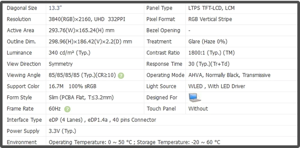 B133ZAN02.0 13.3 inch Laptop LCD Screen Panel Slim Display 4K UHD 3840x2160 EDP 40pins 60Hz Non-touch