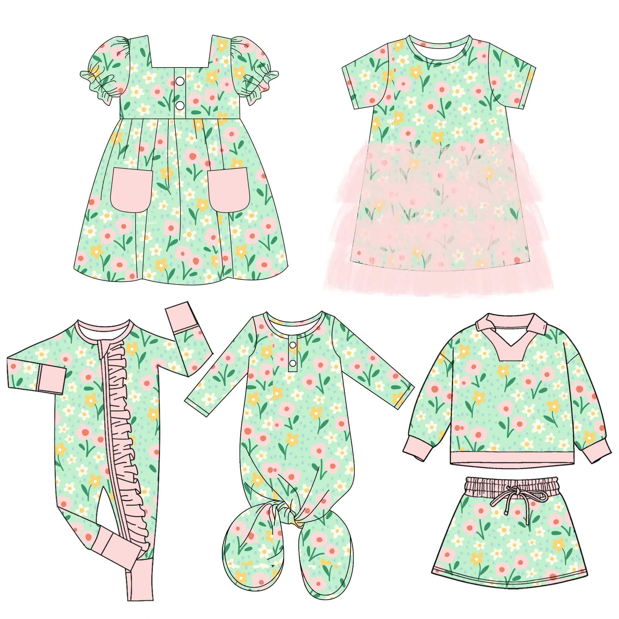 Conjunto de 5 piezas de lencería de seda de leche con estampado floral, color carne, de la serie Green, que incluye body de manga larga con botones y vestido de malla personalizado.