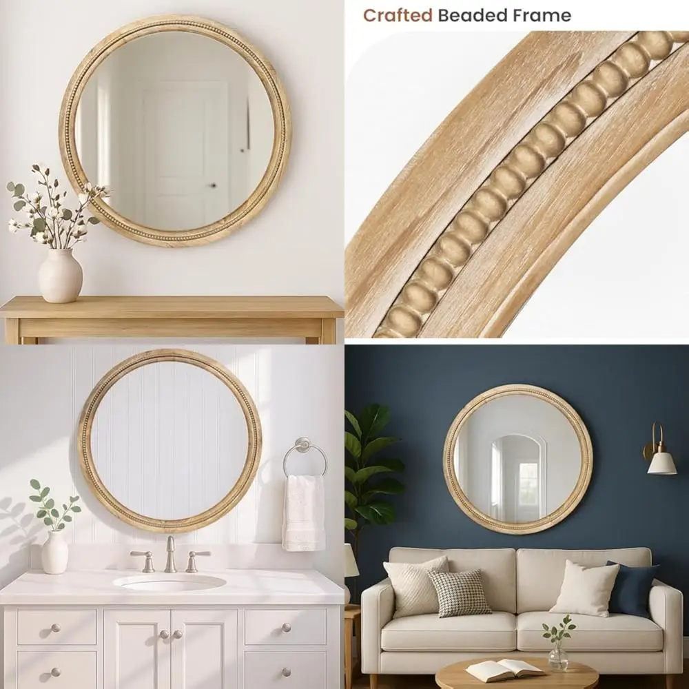 

Круглое деревянное настенное зеркало с ремесленной рамой из бисера - фермерский дом в деревенском французском стиле кантри для прихожей, спальни и ванной комнаты d