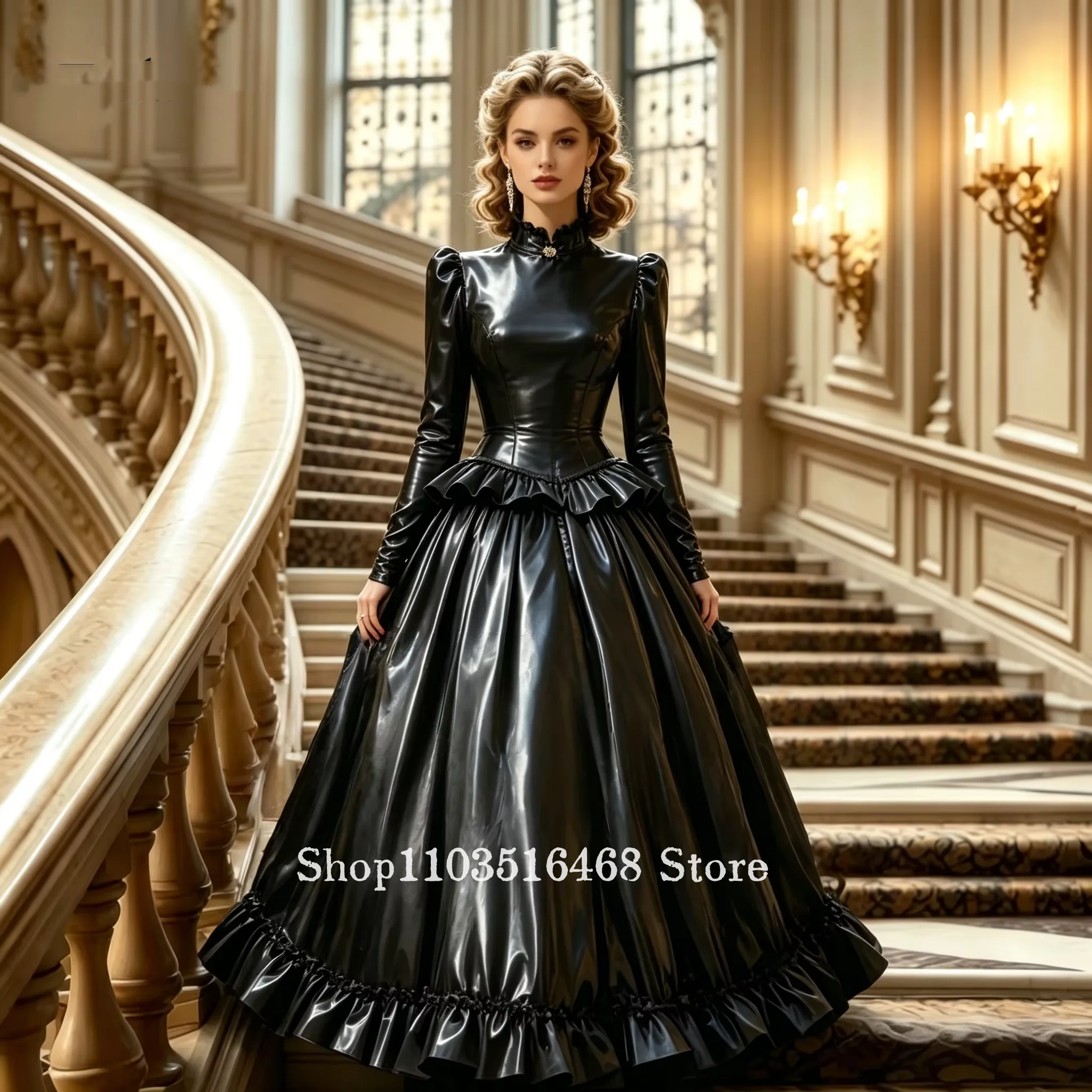 Schwarzes, langärmliges Vintage-Gothic-Abendkleid, maßgeschneidertes Ballkleid mit Stehkragen und lasergeschnittenem Stoff, Kleid für besondere Anlässe, Cosplay