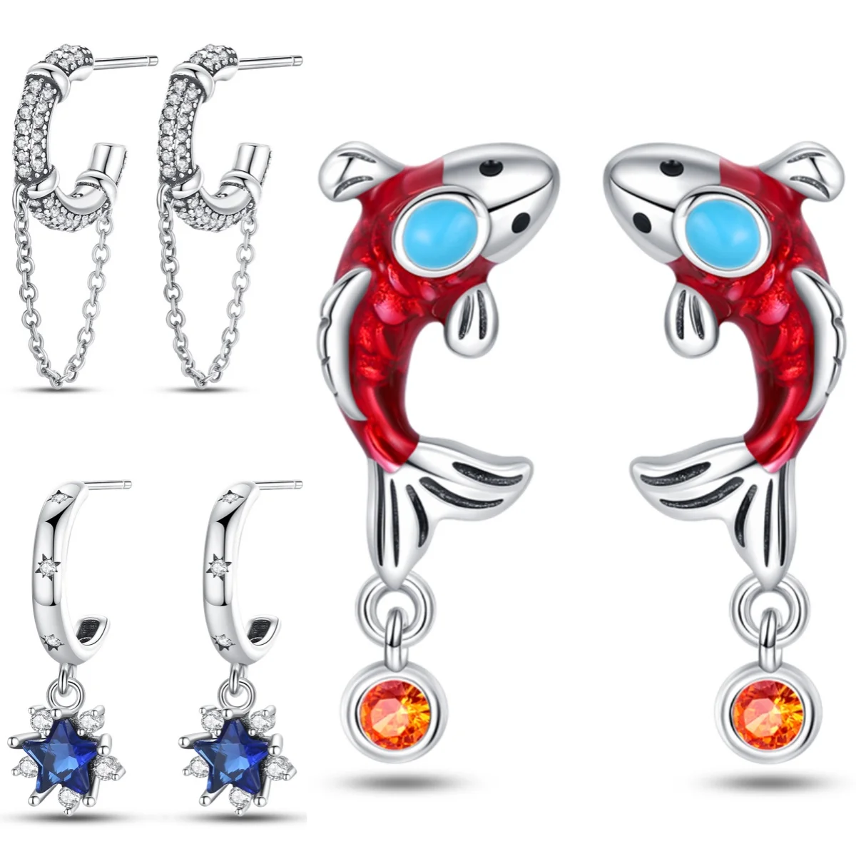 

2024 New Style Sterling Silver S925 Inlaid with Zircon Koi Stud Earrings Simple Fine Jewelry Women Girls Fashion Party Gift