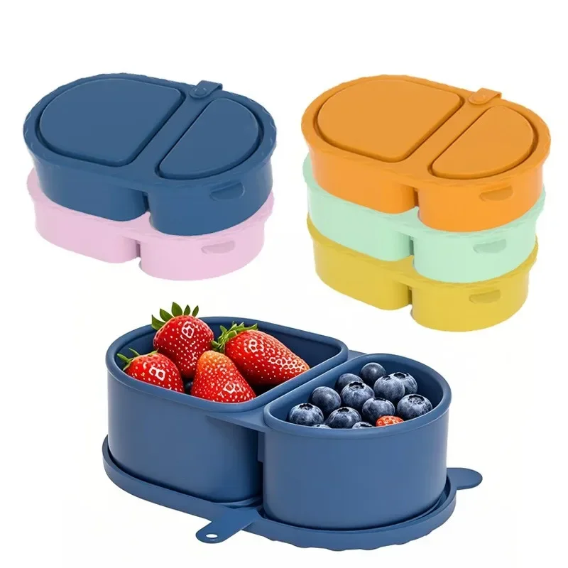 Silicone Snack Container with Lid, Reusable Double Compartment Food Storage Bento Box, Leak Proof Portable Lunch Box