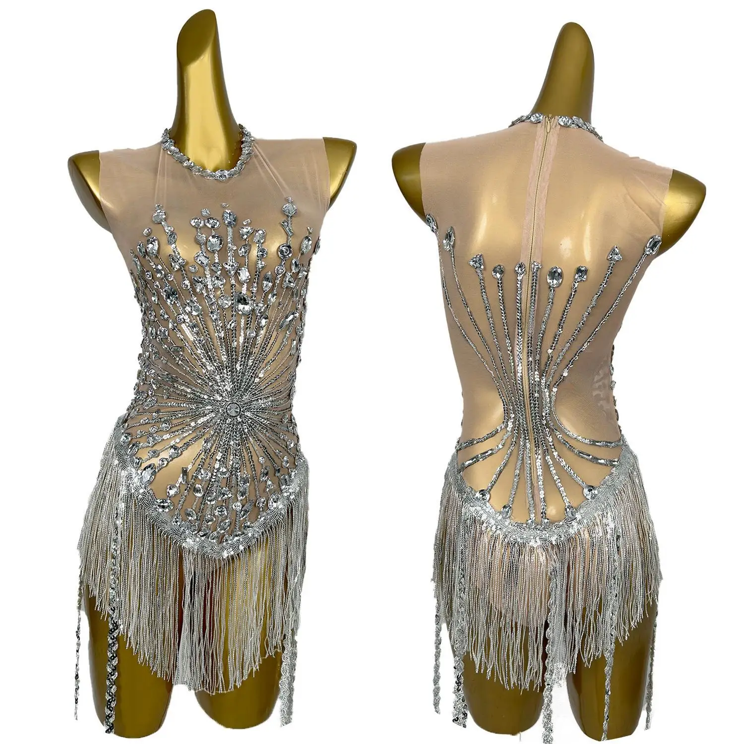 Sparkly Rhinestones Sequins Fringes Leotard Women Sexy Mesh Transparent Performance Dance Costume Stage Wear Club Outfit Shuihua