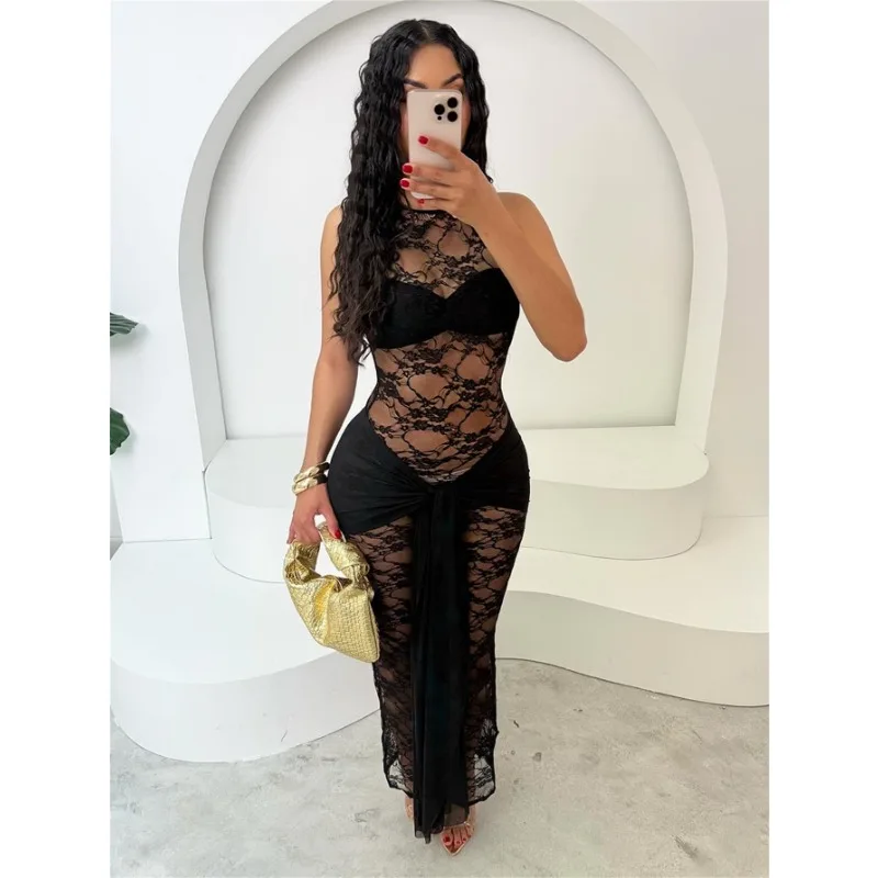 2025 Vrouwen See Through Sexy Jurk Mode Sheer Lace Tank Mouwloze Jurk Voor Party Bloem Voorste Knoop Lange Jurken Clubwear