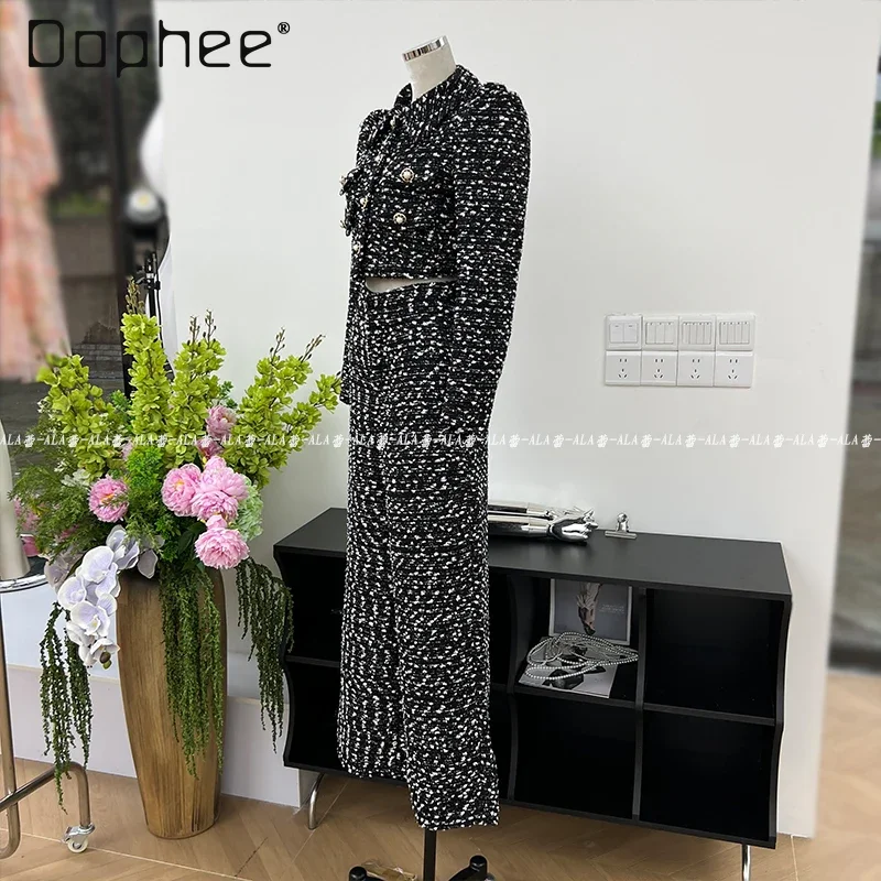 Premium Celebrity Tweed Suit Lapel Collar Short Jacket High Waist Straight Pants 2 Piece Sets Womens Outfits Commuter Style