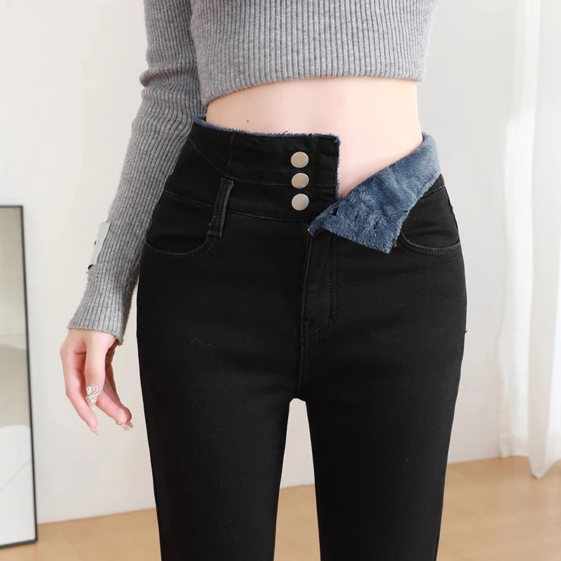 Alobee Thermal Winter Thick Fleece High-waist Warm Skinny Jeans Thick Women Stretch Button Pencil Pants Velvet Casual Jeans