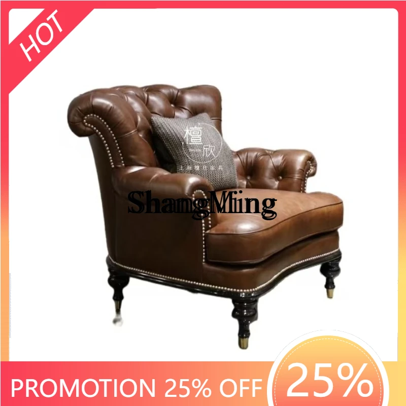 

ZYY fashion exquisite household simple retro solid wood leather high back buckle casual sofa chair single chair