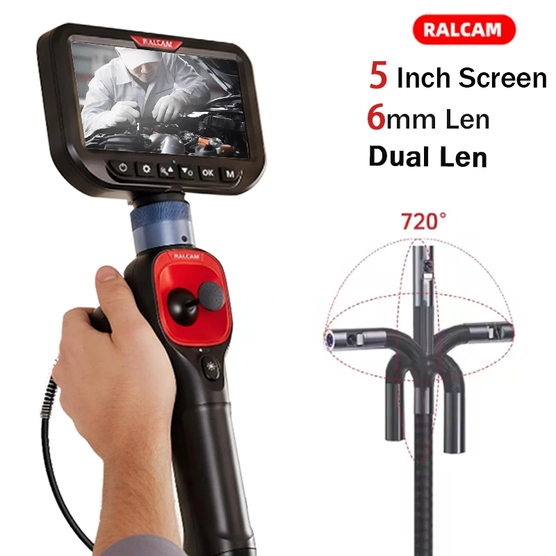 

RALCAM 5 Inch Big Screen Steering Endoscope Dual Lens 6mm 4Way 720° For Engine Sewer Inspection Industrial Borescope