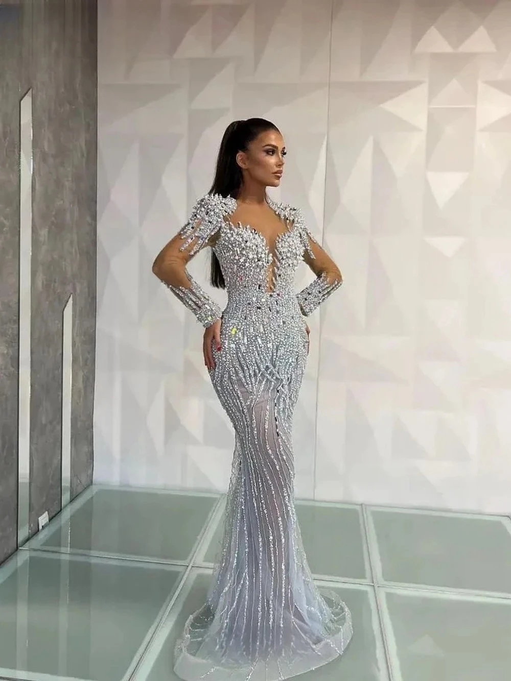 Illusion Beading Celebrity Evening Dress Party Mermaid Bride Robe Elegant Customized Cocktail Prom Gown Vestidos De Novia