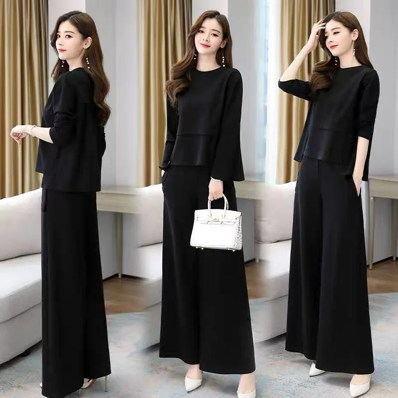 Autumn Age-reducing Slimming Suit 2023 New Everything Belly Covering T-shirt Foreign Style Wide Leg Pants Women\'s Two-piece Set