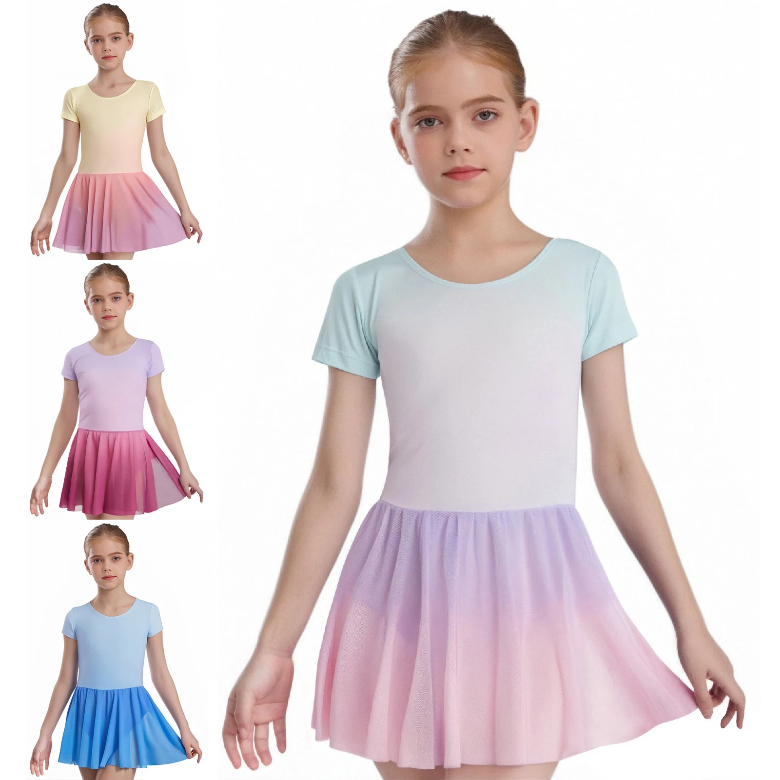 

Ballet Dance Round Neck Dancewear for Girls Breathable Short Sleeve Dress with Gradient Design for Gymnastics Competitions
