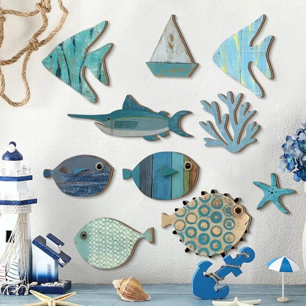 Decoración de pared Océano de madera hecho a mano: juego de peces, coral, estrellas de mar y velero para el hogar/baño, decoración de pared artística de estilo costero