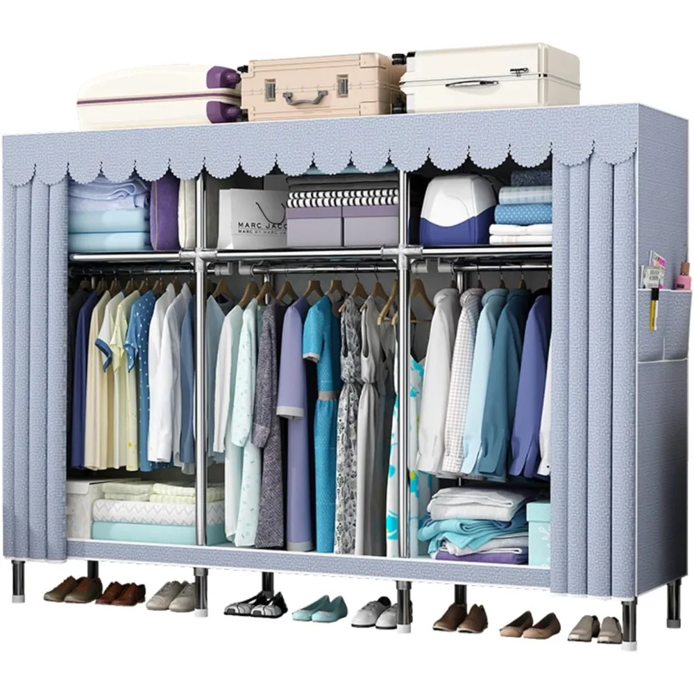 76Inch Portable Wardrobe Closet Storage Organizer for Bedroom, 23MM Thick Steel Hanging Rack with Polyester/Cotton Fabric Cover