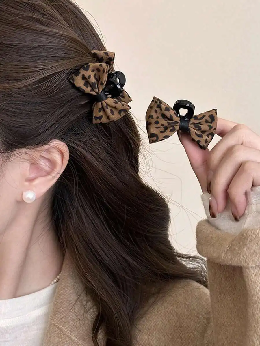 

2pcs Womens Leopard Print Bow Hair Claw Clips For Daily Party Casual Wear