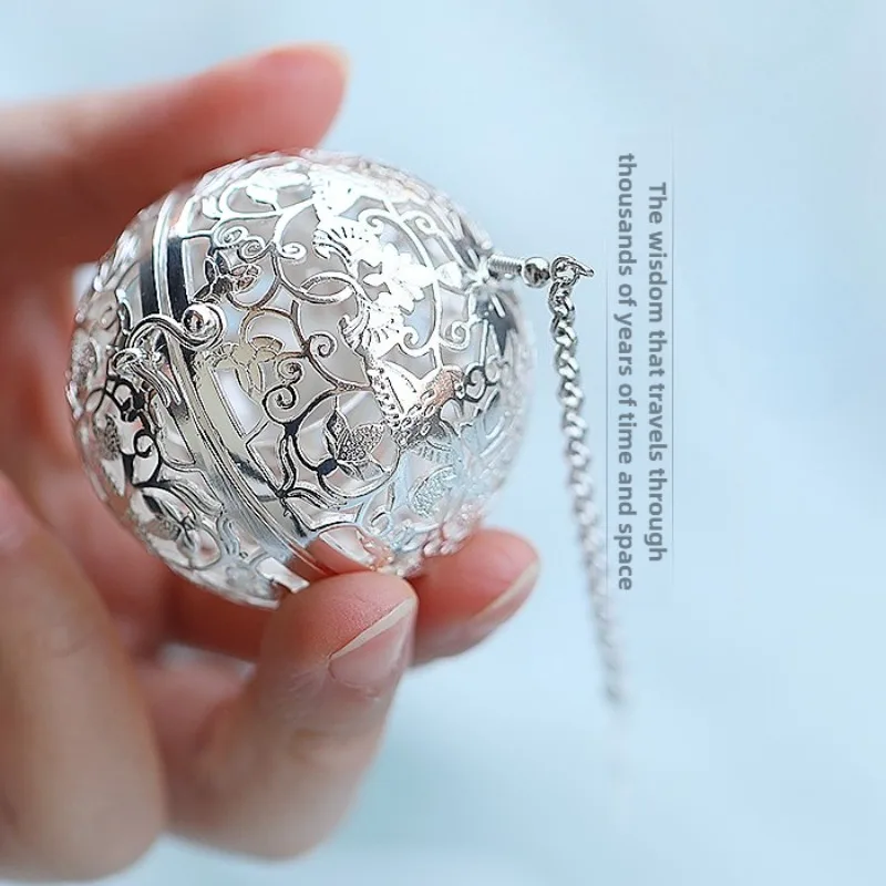 Vintage Hollow Silver Sachet Ball with Grape and Bird Pattern Portable Incense Pendant for Car or Wear