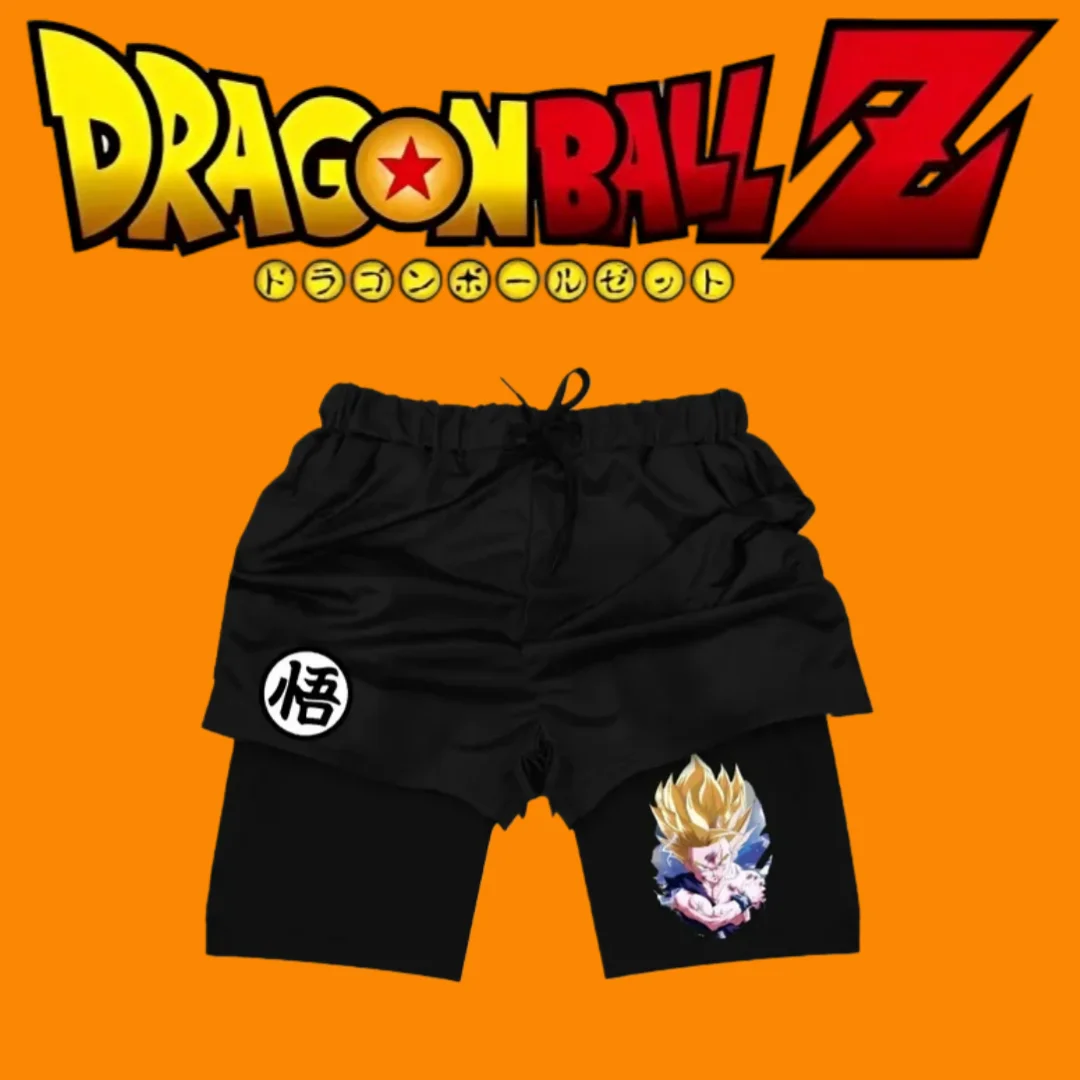 

Пара спортивных шорт в стиле аниме Dragon Ball, мужские двухслойные летние шорты 2-в-1 с принтом из 100% чистого хлопка, искусственные две пары шорт