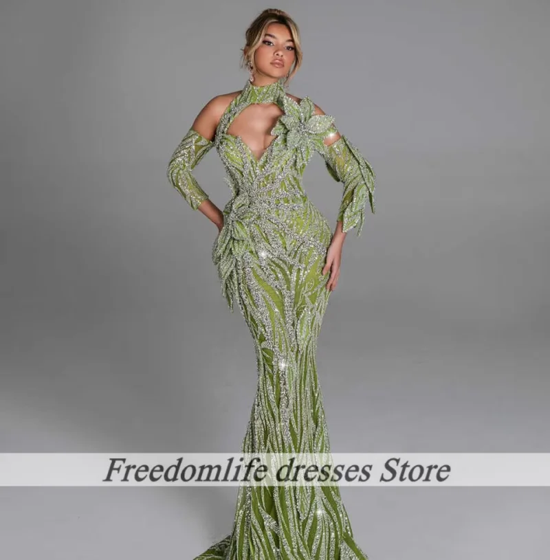فساتين سهرة فاخرة للنساء ترتر بياقة عالية فساتين حفلات حورية البحر مطرز بالزهور لحفلات الزفاف حسب الطلب #1