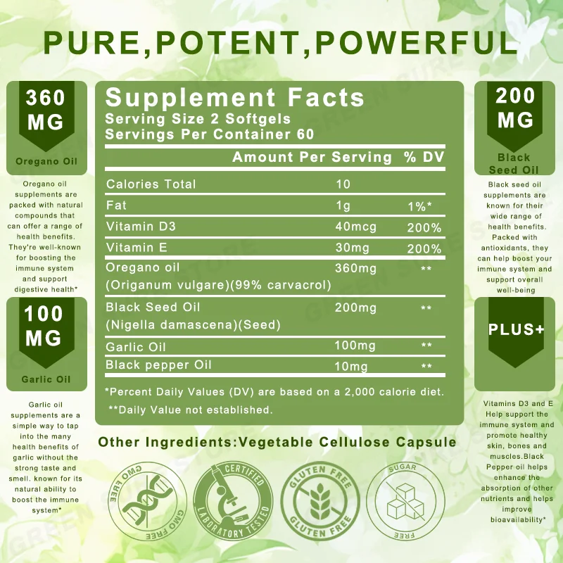 Oregano Oil Capsules with Black Seed, Garlic Oil for Antioxidant and Immune, Digestive System Health
