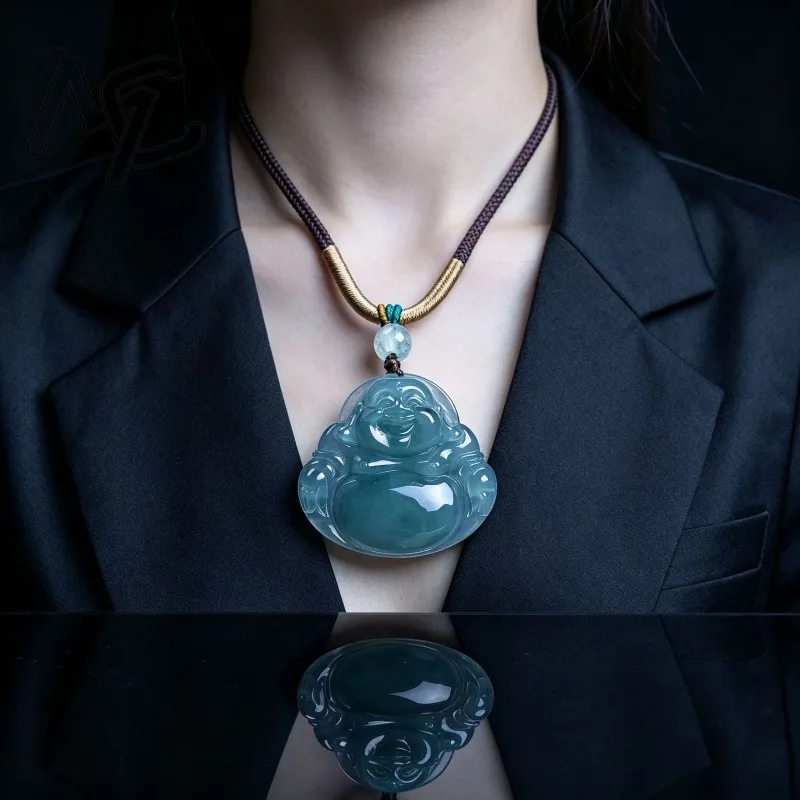 Real Natural Emerald Jade Blue Water Buddha Pendant Jadeite Necklace Fashion Jewelry Charm Designer Lucky Gifts Certificate view 2