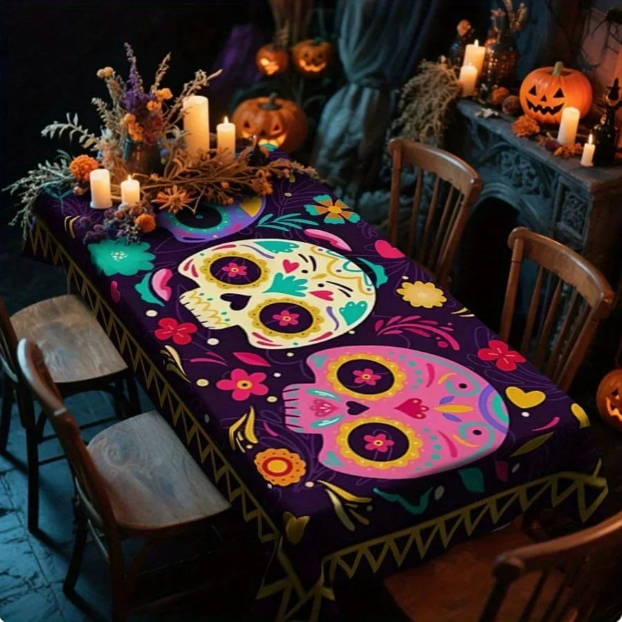 1pc Halloween tablecloth - Terrifying colorful skull pattern tablecloth - Suitable for horror partiesandHalloween decorationsxzj