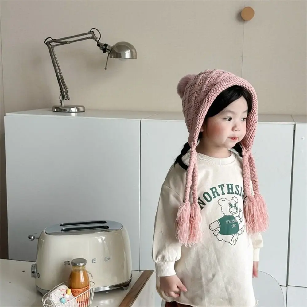 الكورية الخريف الشتاء الطفل قبعة كروشيه بوم بوم شرابة ضفيرة اليد محبوك قبعة في الهواء الطلق لينة الدافئة غطاء حماية الأذن #3