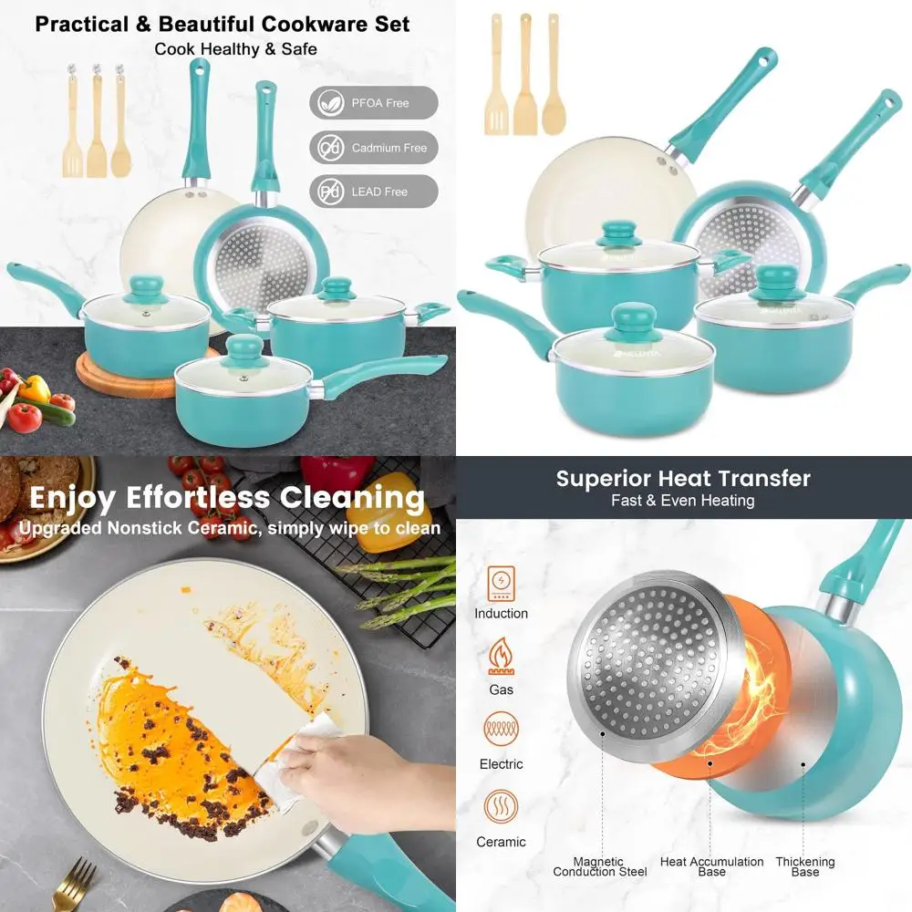 

Набор индукционной посуды с антипригарным покрытием, 11 предметов, с бамбуковой посудой, бирюзовый, без PFOA