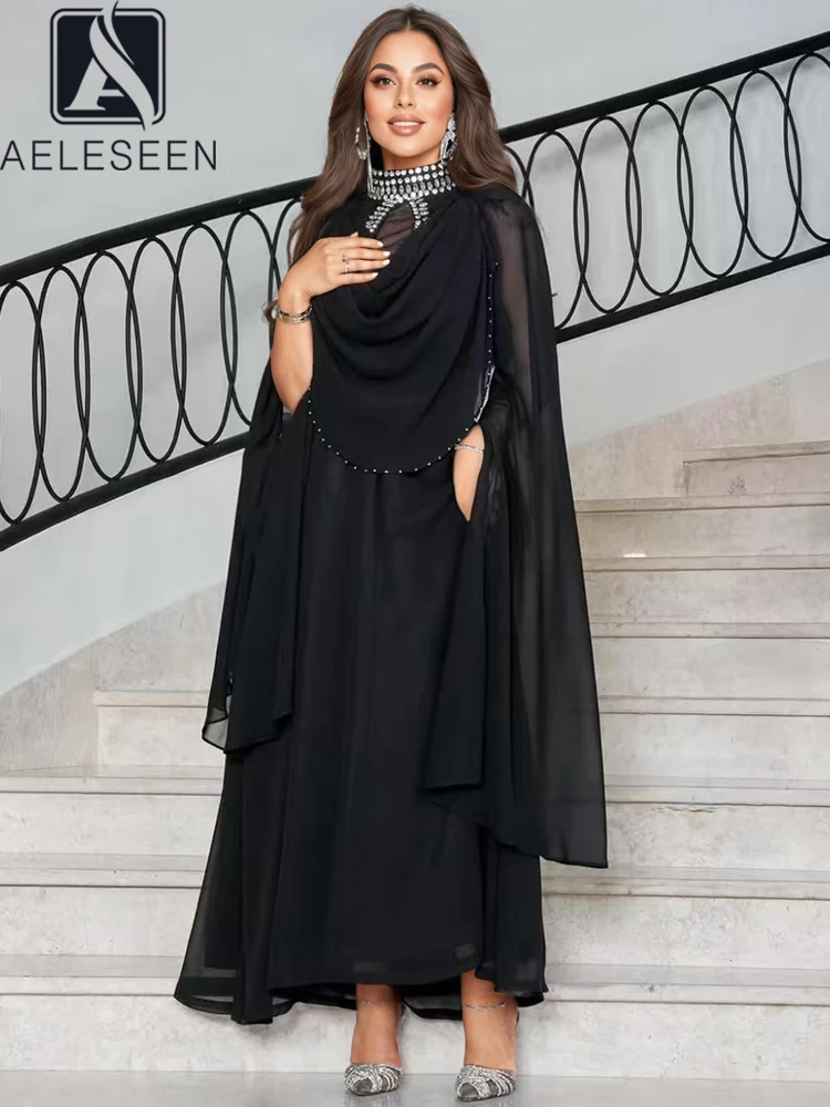 

AELESEEN Vintage Black Midi Dress Women Spring Summer Split Flare Sleeve Crystal Beaded Pink White Brown Patchwork Ruffles Party