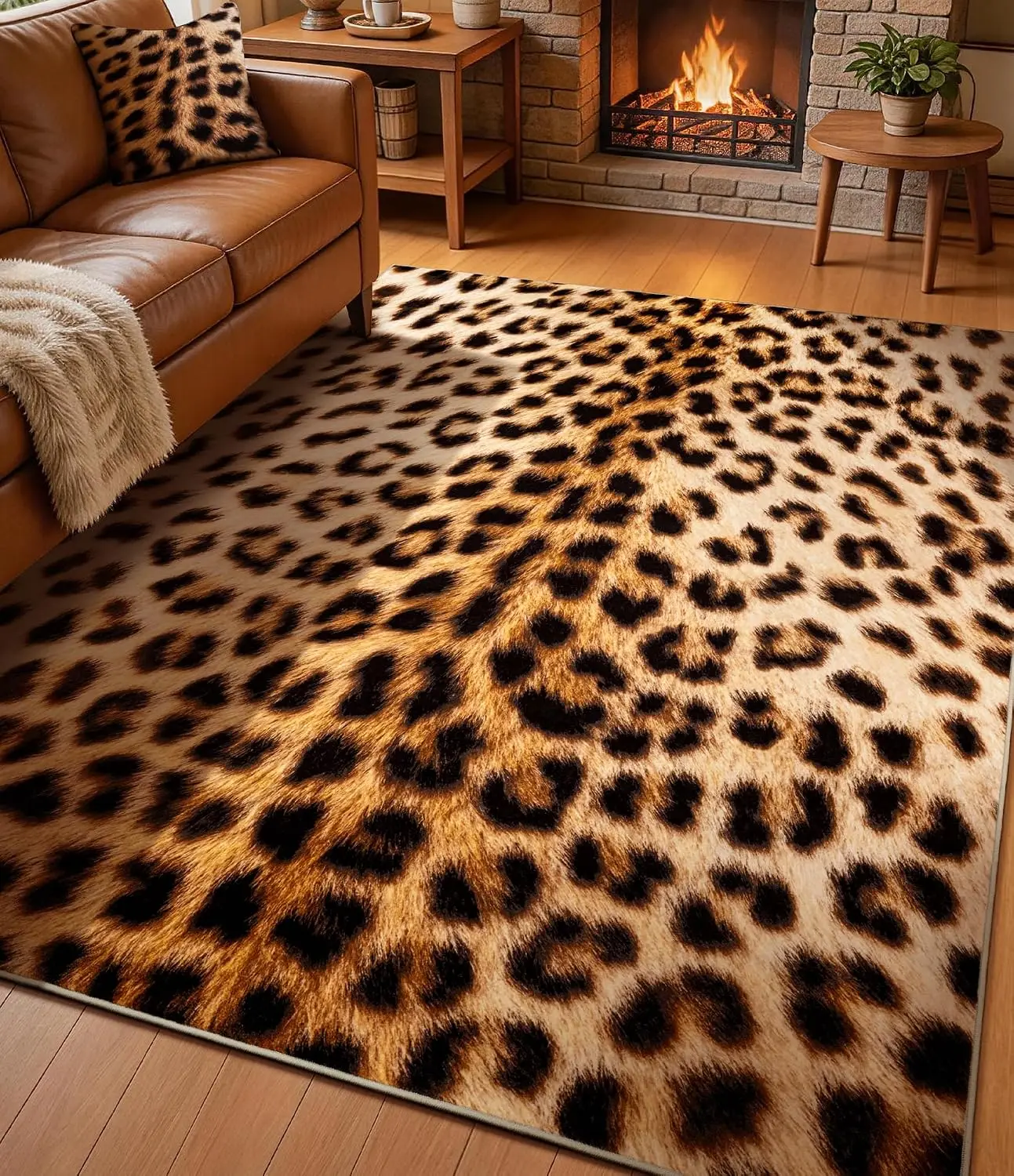 Leopard Faux Animal Print Area Rug, Soft Low-Pile Washable Carpet, Non-Slip Cheetah Print for Living Room Bedroom Home Decor