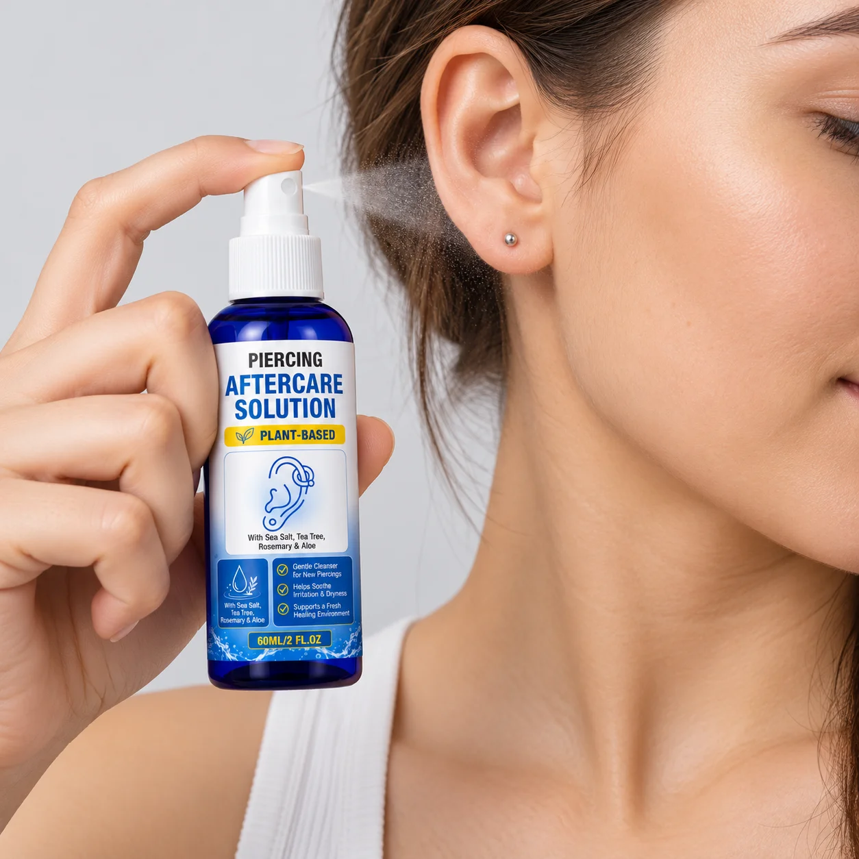 Piercing Cleansing Solution 60ml With Sea Salt Rosemary Tea Tree And Aloe A Portable Fine Mist Spray Bottle For Care On The Go