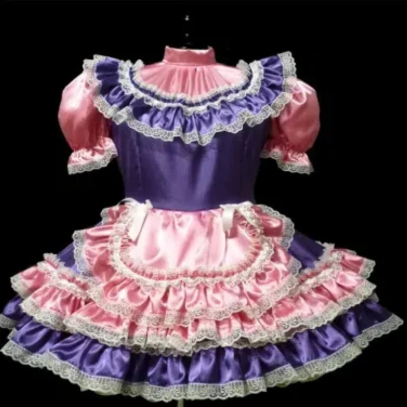 

French Hot Selling Sissy Adult Pink Satin Splice Purple Mid Neck Lace Lace Embedding Sexy Bowtie Maid Dress Role Playing Customi