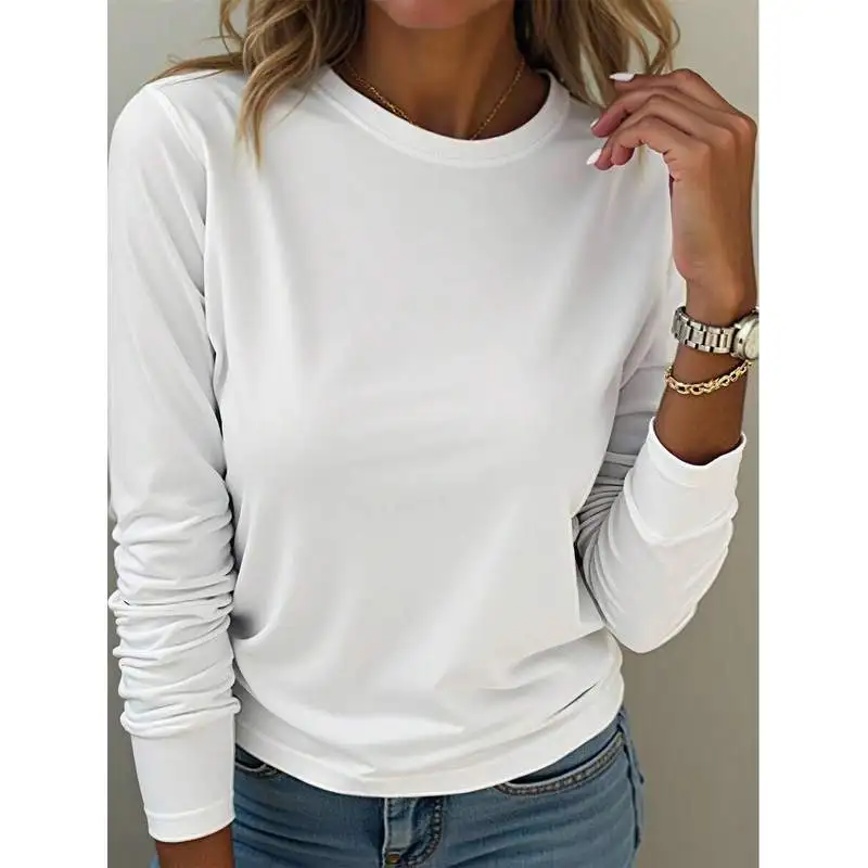 EMERY ROSE Plus size white crew neck long sleeveTShirt，Comfortable and Versatile，Suitable for autumn wear，A must-have for women。
