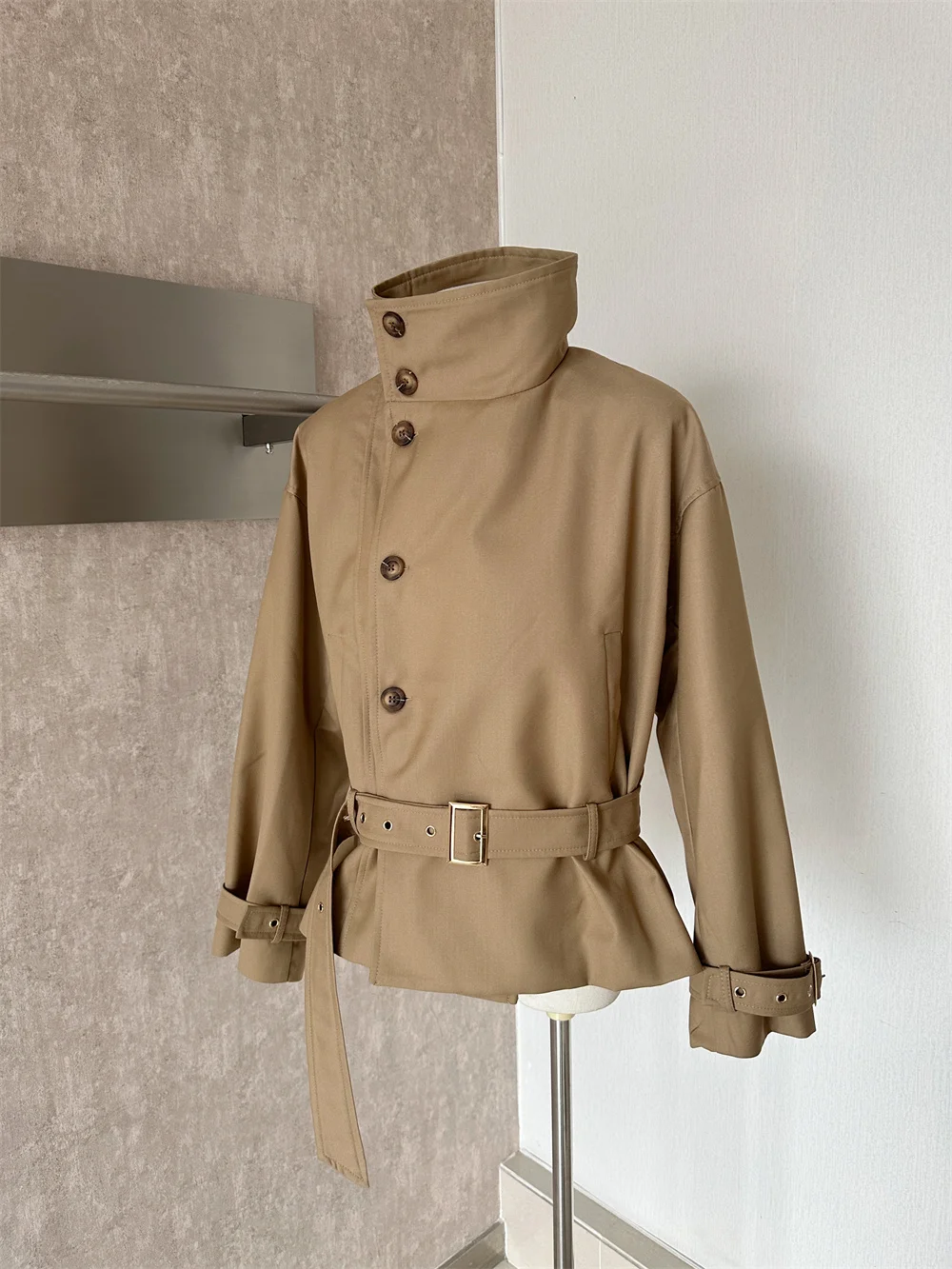 Women's Spring Autumn Long Sleeve Stand Collar Short Trench Jacket Lady Elegant Stretewear Single Breasted Trench Outwear