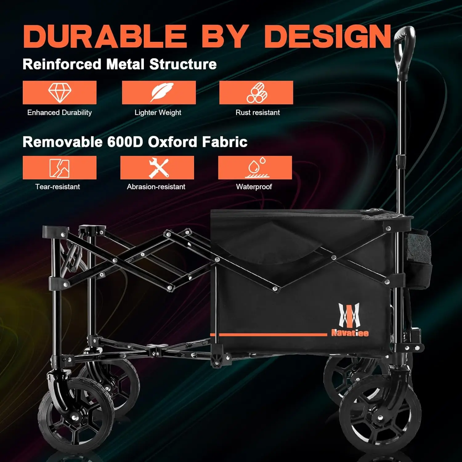 Navatiee Collapsible Folding Wagon, Wagon Cart Heavy Duty Foldable with Two Drink Holders, Utility Grocery Wagon