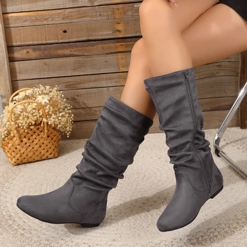 Mid-calf Women\'s Boots Winter New Platform Flat Shoes for Women Fashion Side Zipper Female Vintage Casual Ladies Riding Boot