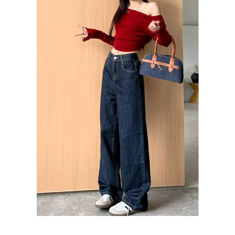 الكورية الرجعية عالية الخصر مستقيم المرأة الجينز الربيع أزياء السيدات بسيطة تنوعا فضفاض جان أزرق داكن واسعة الساق Y2K بنطلون