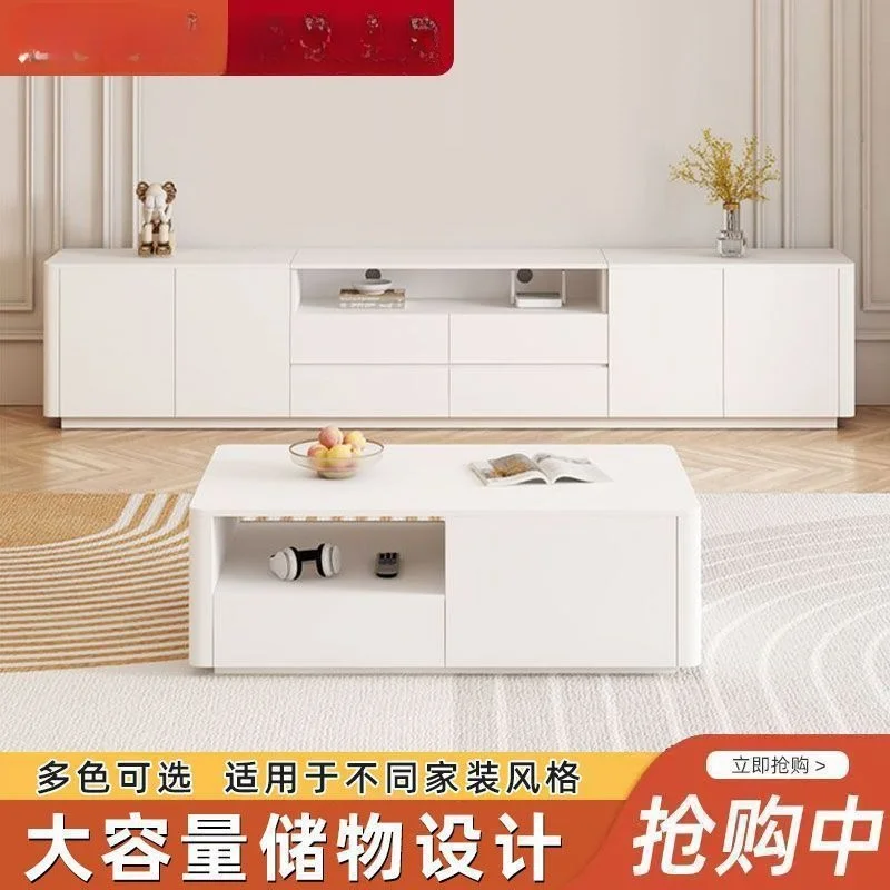 Cream wind solid wood floor-to-ceiling TV cabinet, living room household small apartment coffee table high double-layer widened