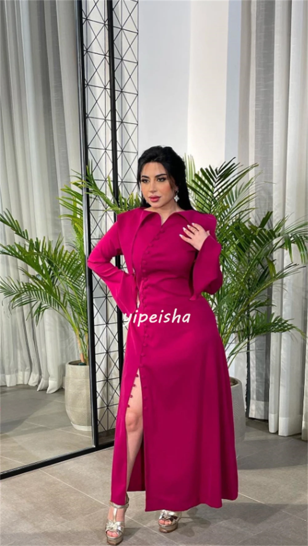 Chinese Style Modern Style Jersey Button Pleat Ruched A-line V-neck Midi Dresses Flouncing Celebrity Dresses Fashion Formal