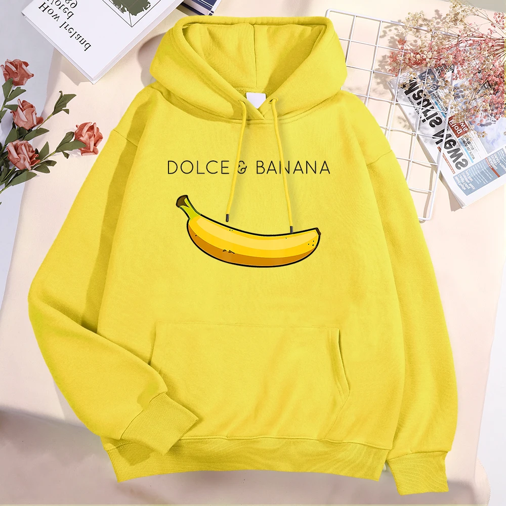 Interesting Yellow Banana Print Hoodie Men Women Autumn Warm Menswear Pattern Pocket Clothing Cartoons Crewneck Hoody Male