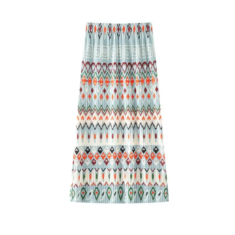 Folded printed skirt women's summer new niche design sense showing thin temperament pleated skirt