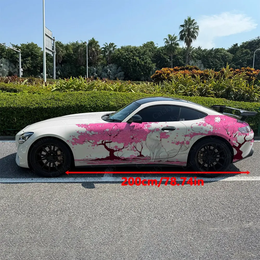 2pcs Spring Cherry Blossom White Fox Car Side Wrap, Self-Adhesive PVC Waterproof & Scratch-Resistant Sticker, Car Accessory Gift